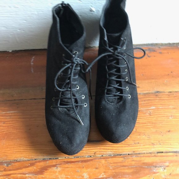 Black Suede Lace up Leather Platform Booties - Picture 3 of 5